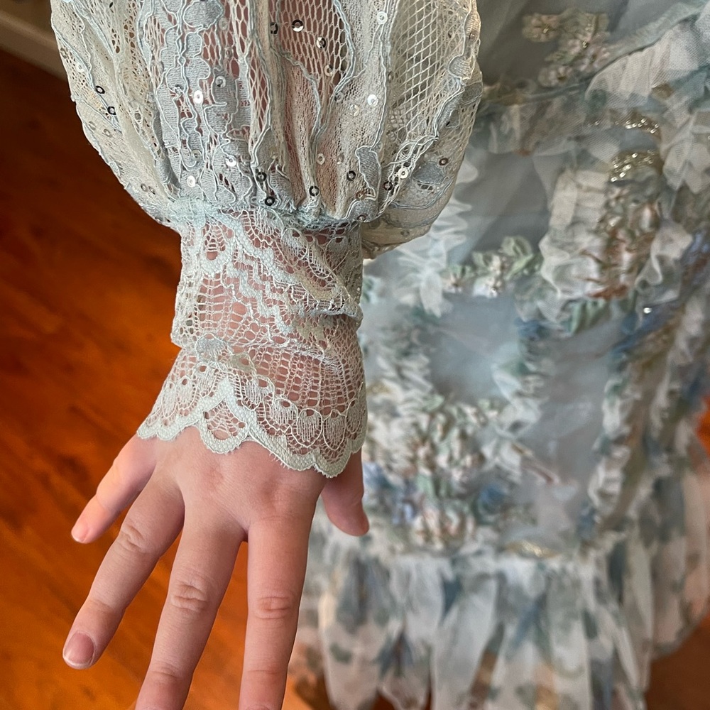 Elegant Girl’s Sugar Pageant Sage, Blue, Gold Beaded Lace Dress 12-14 - Picture 8 of 16